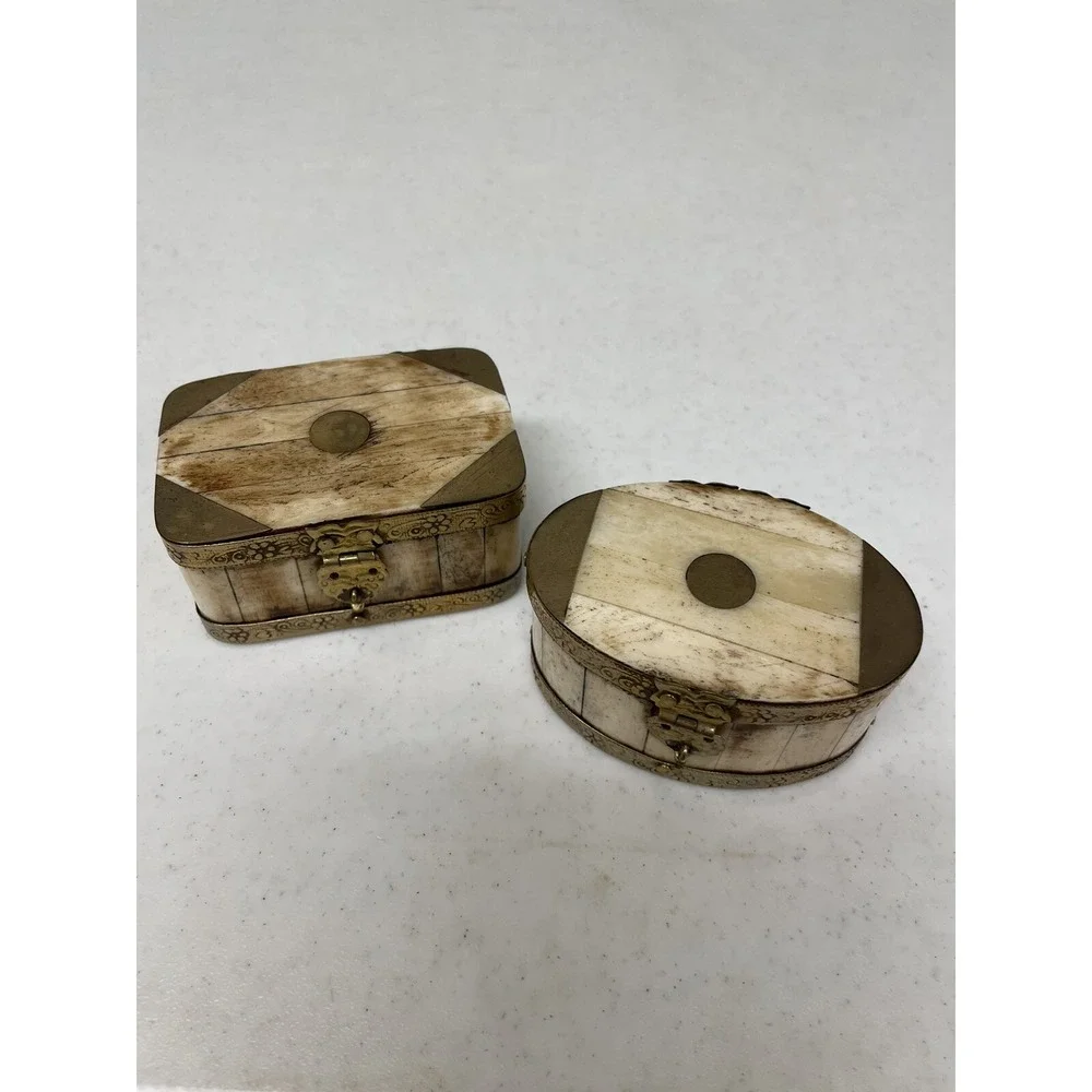 Vintage Set of 2 Handcrafted Bone & Brass Hinged Trinket Jewerly Box India‎